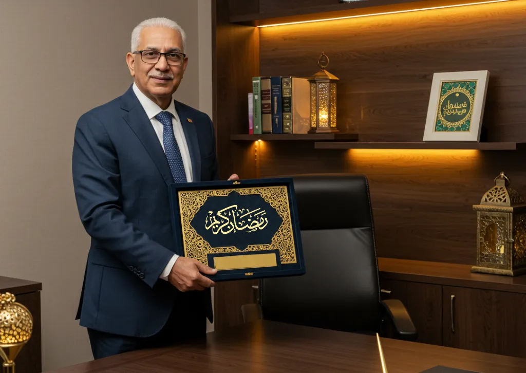 A Boss holding a card of ramadan kareem -given to him by employees!