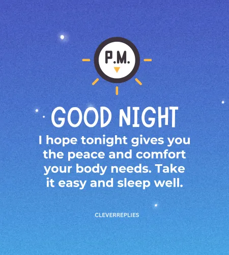 A soothing Good Night message to wish a speedy recovery and restful sleep for someone feeling unwell.